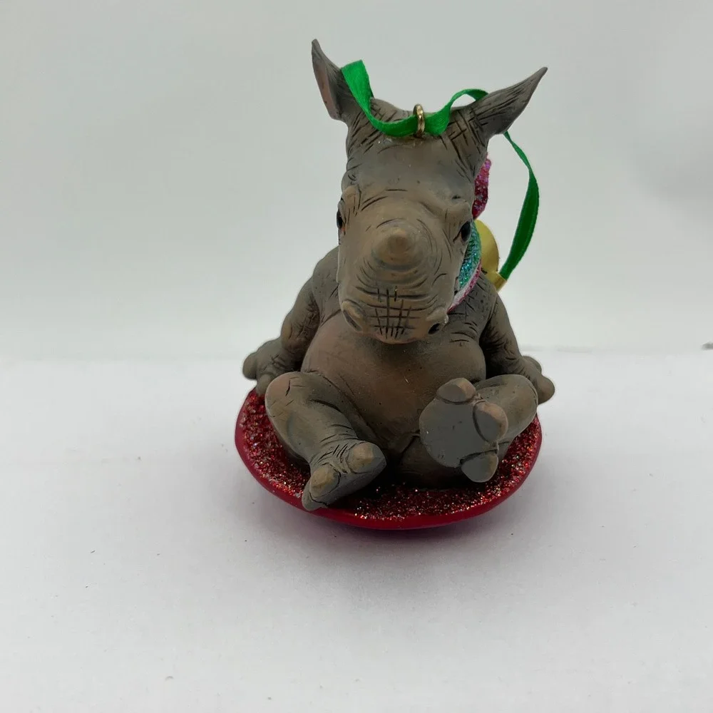 Danbury Mint Baby Rhino Christmas Ornament Glitter Sled Scarf Holiday Decor